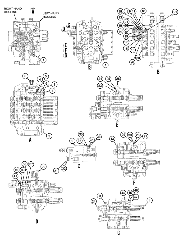 Схема запчастей Case 9050B - (8-136) - CONTROL VALVE, MISCELLANEOUS VALVES AND COMPONENTS, LEFT-HAND HOUSING (08) - HYDRAULICS