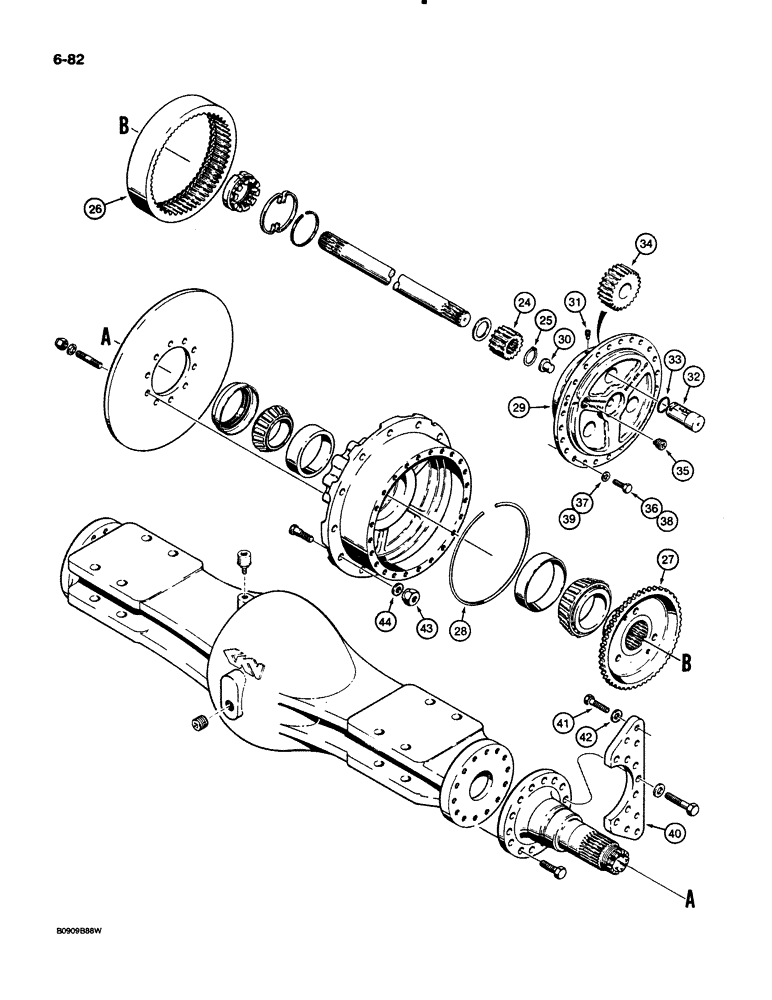 Схема запчастей Case 621 - (6-082) - REAR AXLE HOUSING AND PLANETARY, PRIOR TO P.I.N. JAK0020901 (06) - POWER TRAIN