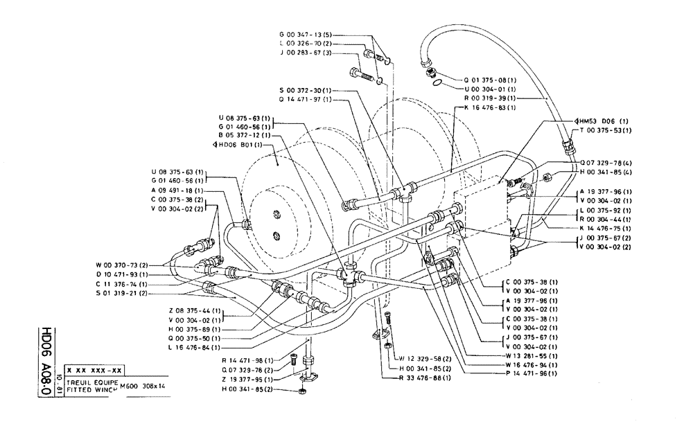 Схема запчастей Case 75C - (HD06 A08.0) - FITTED WINCH - M600 308 X 14 (05) - UPPERSTRUCTURE CHASSIS