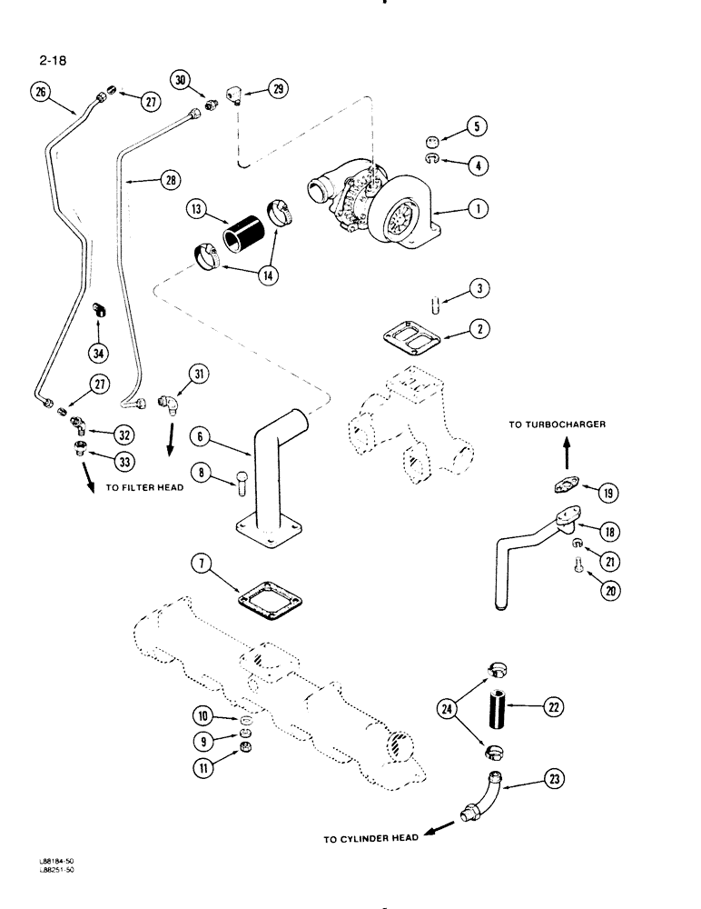 Схема запчастей Case 1455B - (2-18) - TURBOCHARGER SYSTEM, 504BDT DIESEL ENGINE (02) - ENGINE