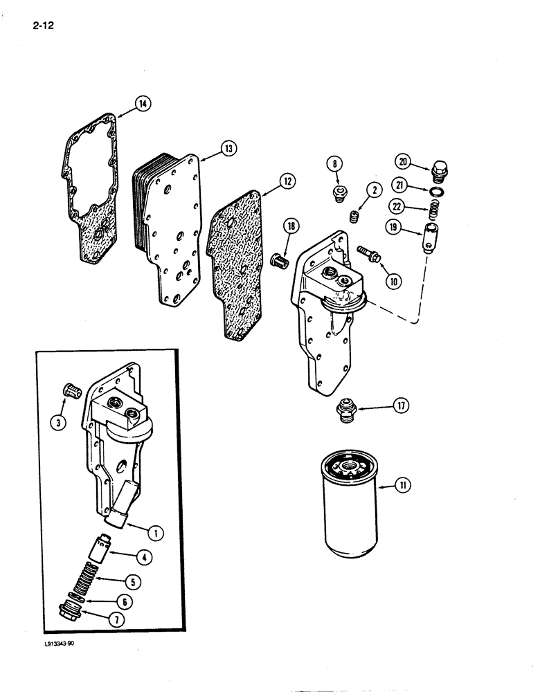 Схема запчастей Case 855D - (2-12) - OIL FILTER AND COOLER, 6-590 ENGINE, 6T-590 ENGINE (02) - ENGINE