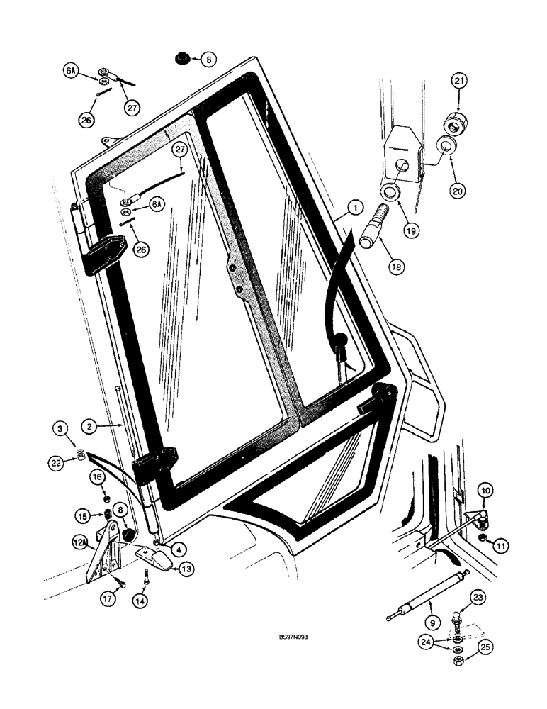 Схема запчастей Case 580L - (9-092) - LEFT-HAND AND RIGHT-HAND CAB DOOR MOUNTING (09) - CHASSIS/ATTACHMENTS