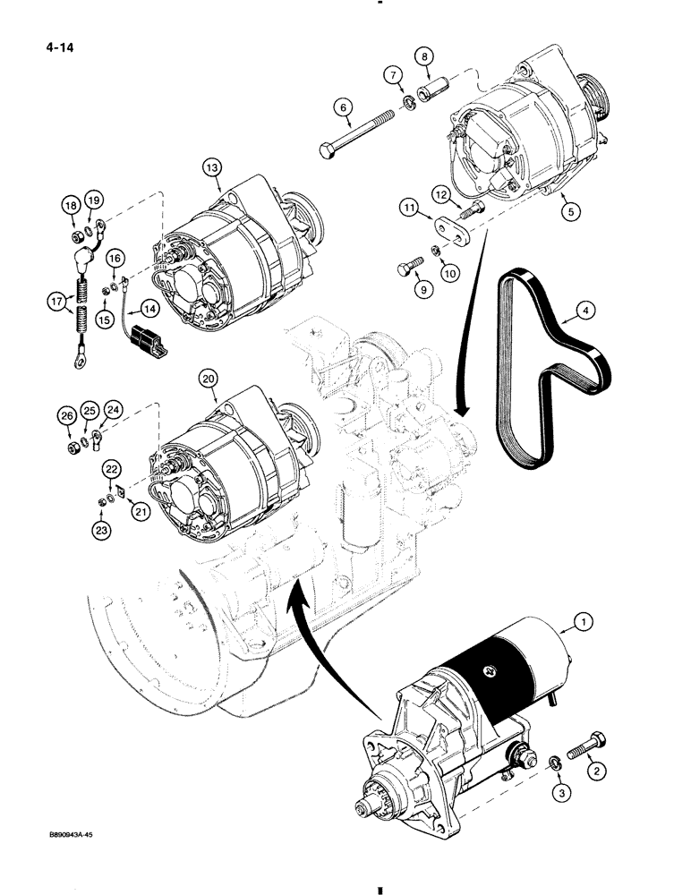 Схема запчастей Case 580K - (4-014) - STARTER AND ALTERNATOR MOUNTING (04) - ELECTRICAL SYSTEMS