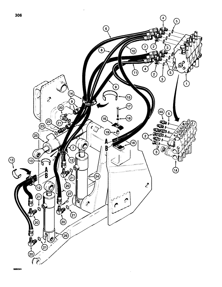 Схема запчастей Case 580SD - (306) - THREE-POINT HITCH CYLINDER HYDRAULIC CIRCUIT, USED WITH HYDRAULIC HITCH (08) - HYDRAULICS