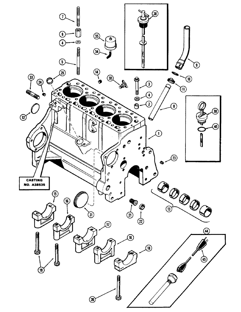 Схема запчастей Case 1700-SERIES - (040) - CYLINDER BLOCK, 188 DIESEL ENGINE, USED WITH CYLINDER HEAD BOLTS 1ST USED ENG. SERIAL NO. 2711005 (10) - ENGINE