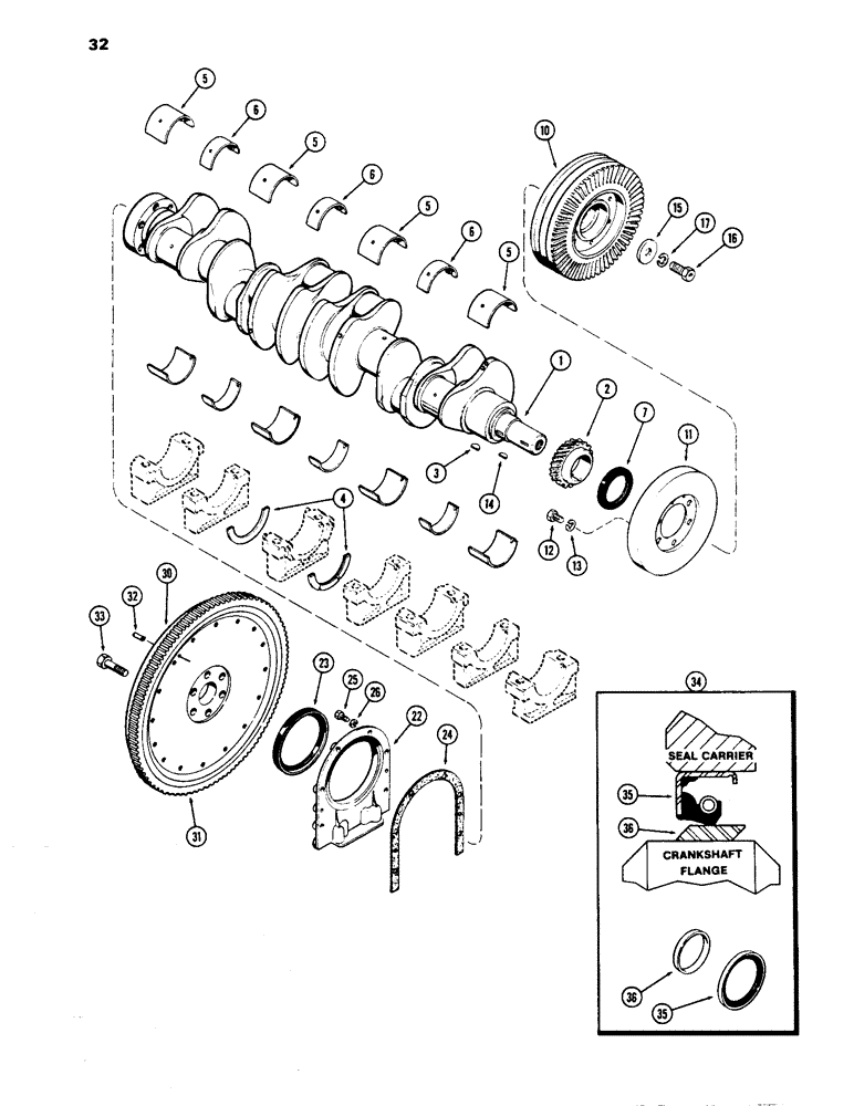 Схема запчастей Case 1450 - (032) - CRANKSHAFT AND FLYWHEEL, 504BDT DIESEL ENGINE (02) - ENGINE