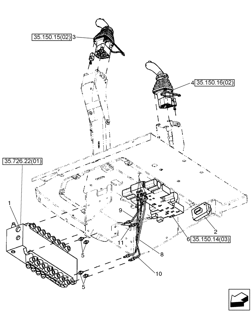 Схема запчастей Case 580SM - (35.726.07[01]) - HYDRAULICS - VALVE, PILOT CONTROL AND JOYSTICKS (8 SPOOL, W/ EXT DIPPER, W/ AUX HYDS) (580SM) (35) - HYDRAULIC SYSTEMS