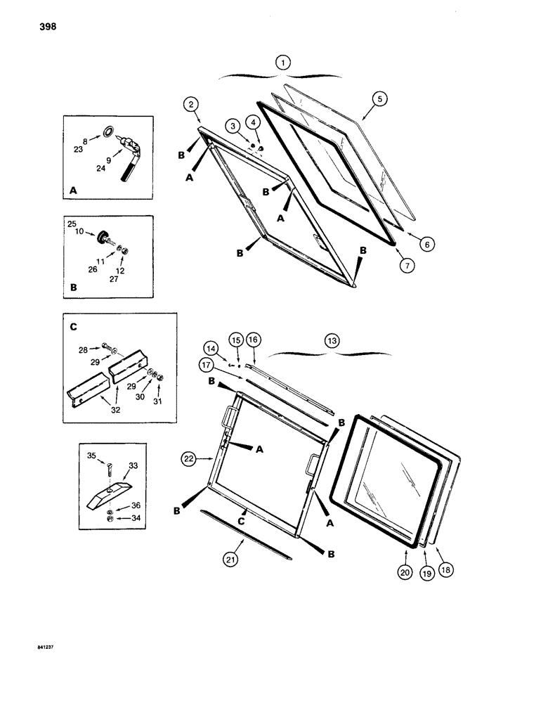 Схема запчастей Case 880C - (398) - CAB WINDSHIELD, BEFORE PIN 6205236 (05) - UPPERSTRUCTURE CHASSIS