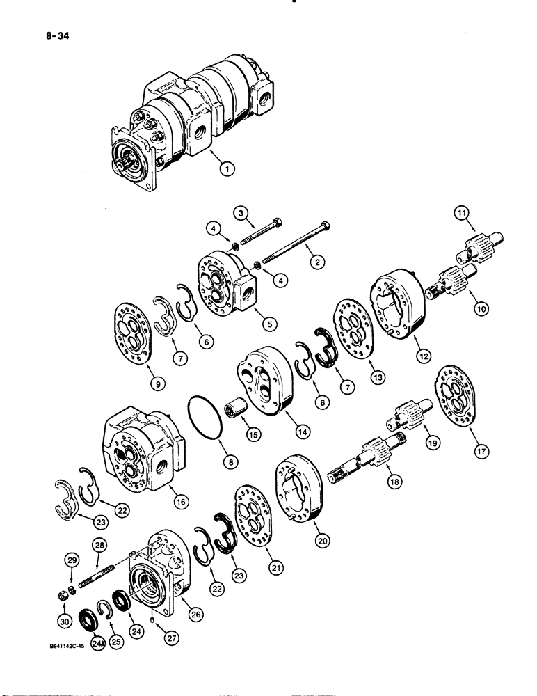 Схема запчастей Case W30 - (8-34) - EQUIPMENT AND STEERING PUMP - L107392, USED ON MODELS WITH ALLISON TRANSMISSION (08) - HYDRAULICS