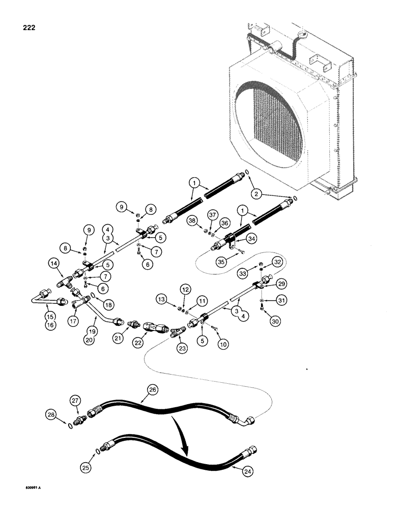 Схема запчастей Case 1150D - (222) - TRANS HYD CIRCUIT, COOLING SYSTEM, USED ON MODELS W/RADIATOR COOLER TANK ON BOTTOM (06) - POWER TRAIN