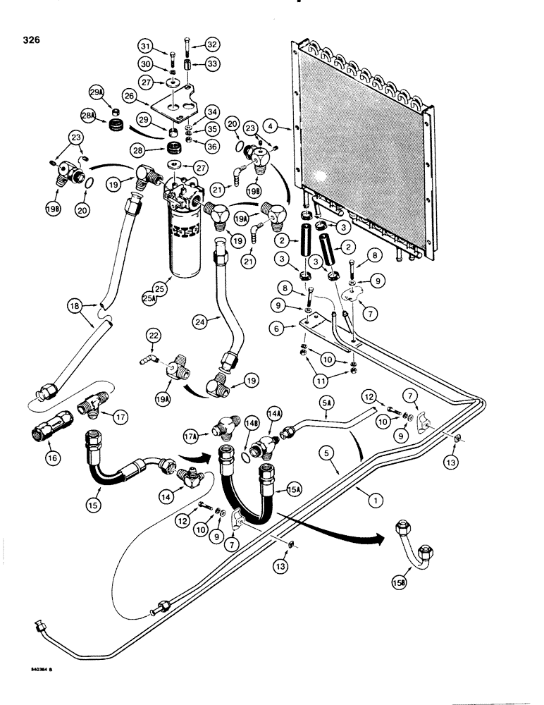 Схема запчастей Case 580SE - (326) - EQUIP HYD SYSTEM, OIL COOLER LINES W/STRAIGHT CONN., RETURN LINES & FILTER, W/O TURBOCHARGED ENGINE (08) - HYDRAULICS