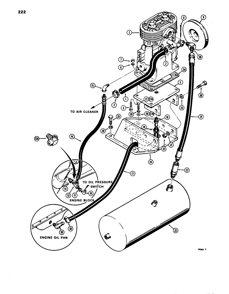 Схема запчастей Case 680E - (222) - BRAKE SYSTEM, AIR COMPRESSOR AND RESERVOIR, TRACTOR SN. (33) - BRAKES & CONTROLS