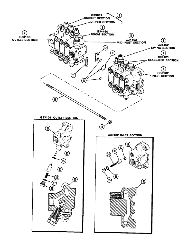 Схема запчастей Case 680CK - (272) - G34451 BACKHOE CONTROL VALVE, G33108 OUTLET SECTION, G33102 (35) - HYDRAULIC SYSTEMS