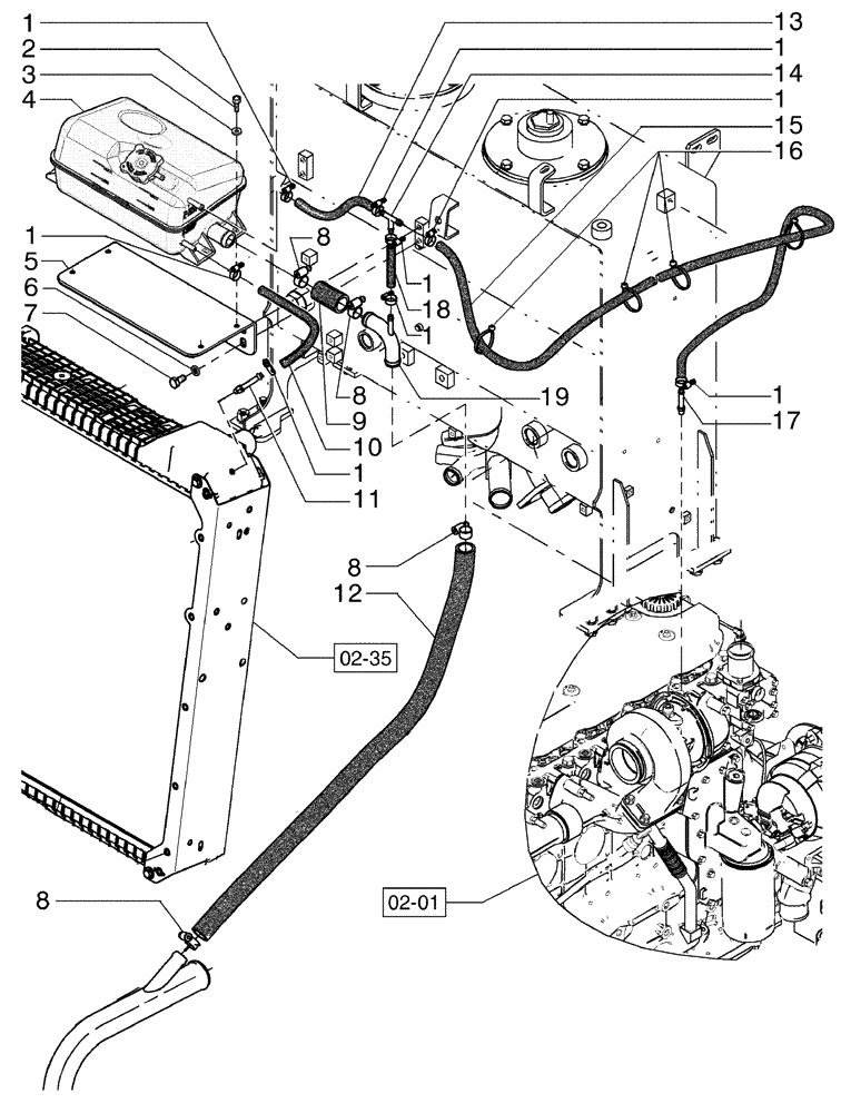 Схема запчастей Case 885B AWD - (02-36[01]) - WATER TANK AND PIPING (02) - ENGINE