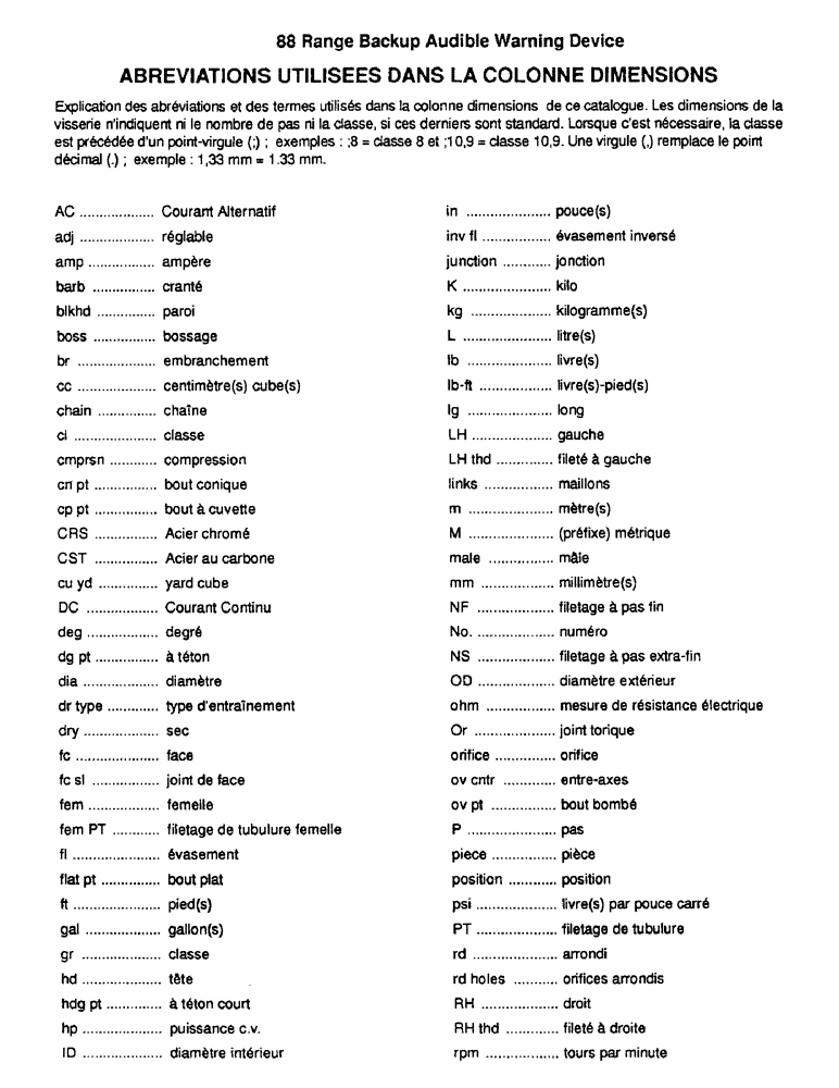 Схема запчастей Case 788 - (1-08) - EXPLANATION OF DIMENSION ABBREVIATIONS (FRENCH) 