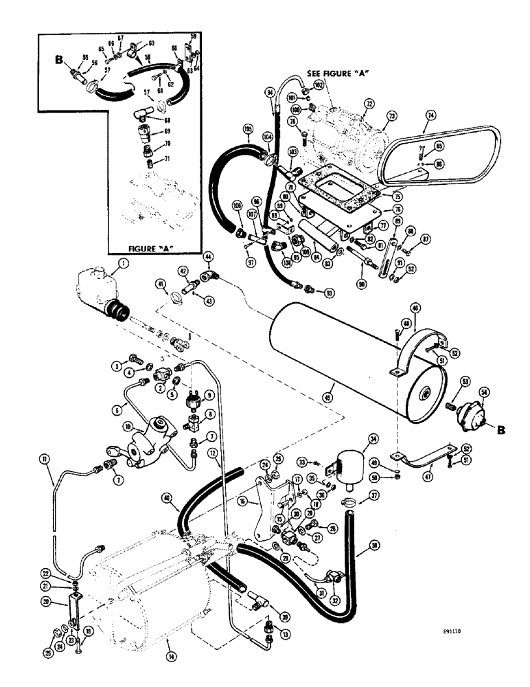 Схема запчастей Case W8B - (108) - HYDROVAC BRAKE SYSTEM, DIESEL ENGINE, HYDROVAC PUMP CYLINDER, RESERVE TANK & FILTERS (04) - UNDERCARRIAGE