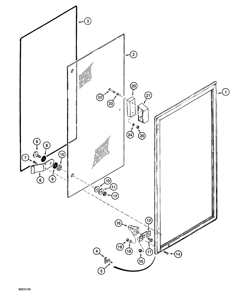 Схема запчастей Case 921 - (9-054) - CAB DOOR WINDOW, WITH BOLT-ON HINGE (09) - CHASSIS/ATTACHMENTS