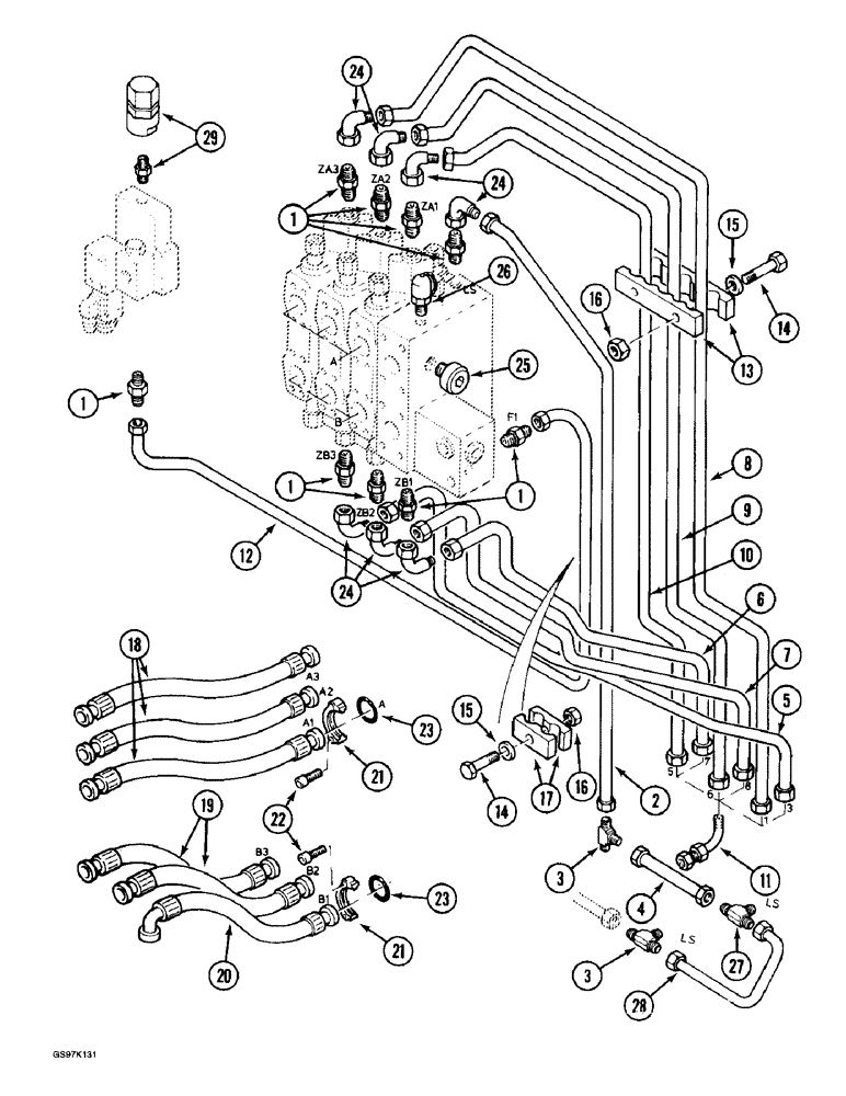 Схема запчастей Case 888 - (8C-04) - HYDRAULIC CONTROL CIRCUIT, TO SOLENOID AND ATTACHMENT CONTROL VALVES, P.I.N. 106801 AND AFTER (08) - HYDRAULICS