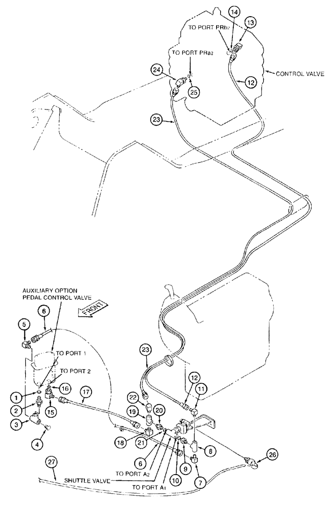 Схема запчастей Case 9050B - (8-122) - DBL ACTN AUXLRY EQUIP OPTN,PILOT CONTRL LINE,PEDAL-FWD SIGNAL LINE,PEDAL-BWD SIGNAL LINE,ELEC COMPNT (08) - HYDRAULICS