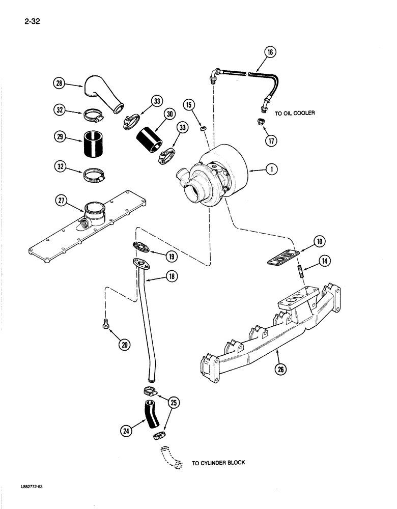 Схема запчастей Case 780C - (2-32) - TURBOCHARGER SYSTEM, 6T-590 ENGINE (02) - ENGINE