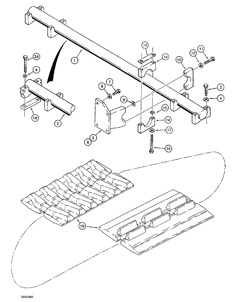 Схема запчастей Case 550E - (5-18) - REAR PIVOT SHAFT AND RUBBER TRACK, REAR PIVOT SHAFT (11) - TRACKS/STEERING