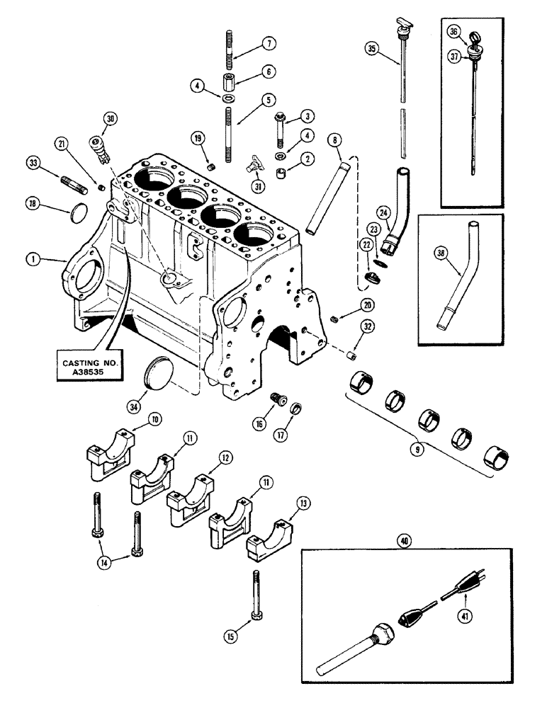 Схема запчастей Case 580B - (022) - CYLINDER BLOCK, (188) DSL ENG, 1ST USED ENG SN 2711005 W/ CYLINDER HEAD BOLTS (02) - ENGINE