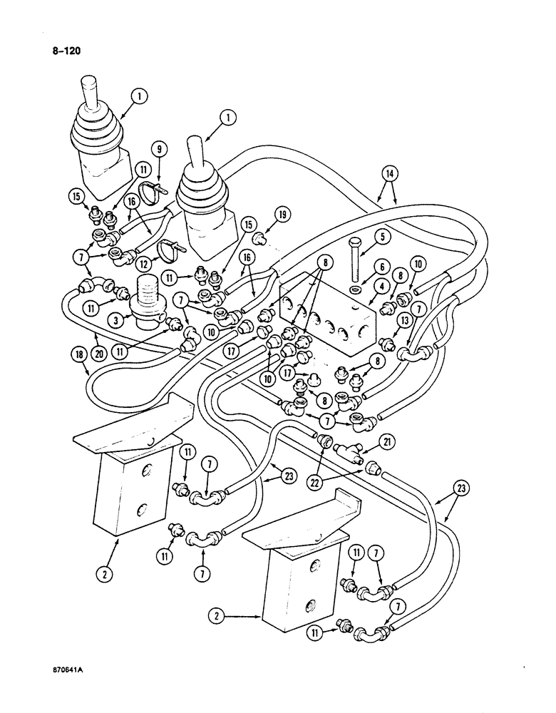 Схема запчастей Case 125B - (8-120) - HYDRAULIC CIRCUIT FOR CONTROLS, MANIFOLD TO HAND AND FOOT CONTROL VALVES, P.I.N. 74251 THRU 74630 (08) - HYDRAULICS