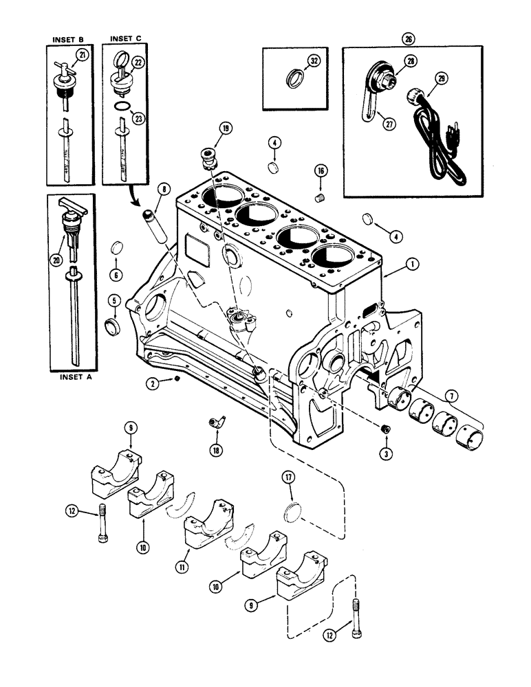 Схема запчастей Case 600 - (032) - CYLINDER BLOCK, (336BD) AND (336BDT) DIESEL ENGINES (01) - ENGINE