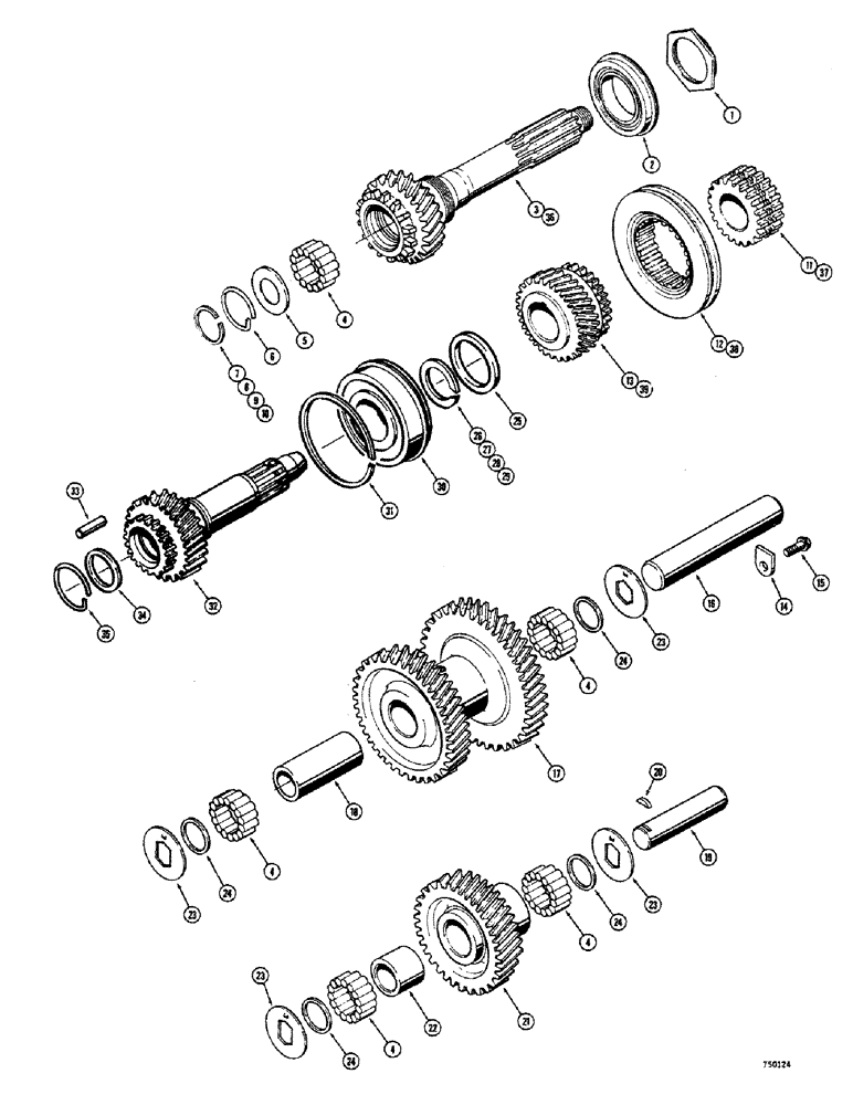 Схема запчастей Case 300 - (052) - TRANSMISSION ASSEMBLY, TRACTOR SERIAL NO. 5770 AND AFTER, GEARS AND SHAFTS - REVERSE BOX (03) - TRANSMISSION