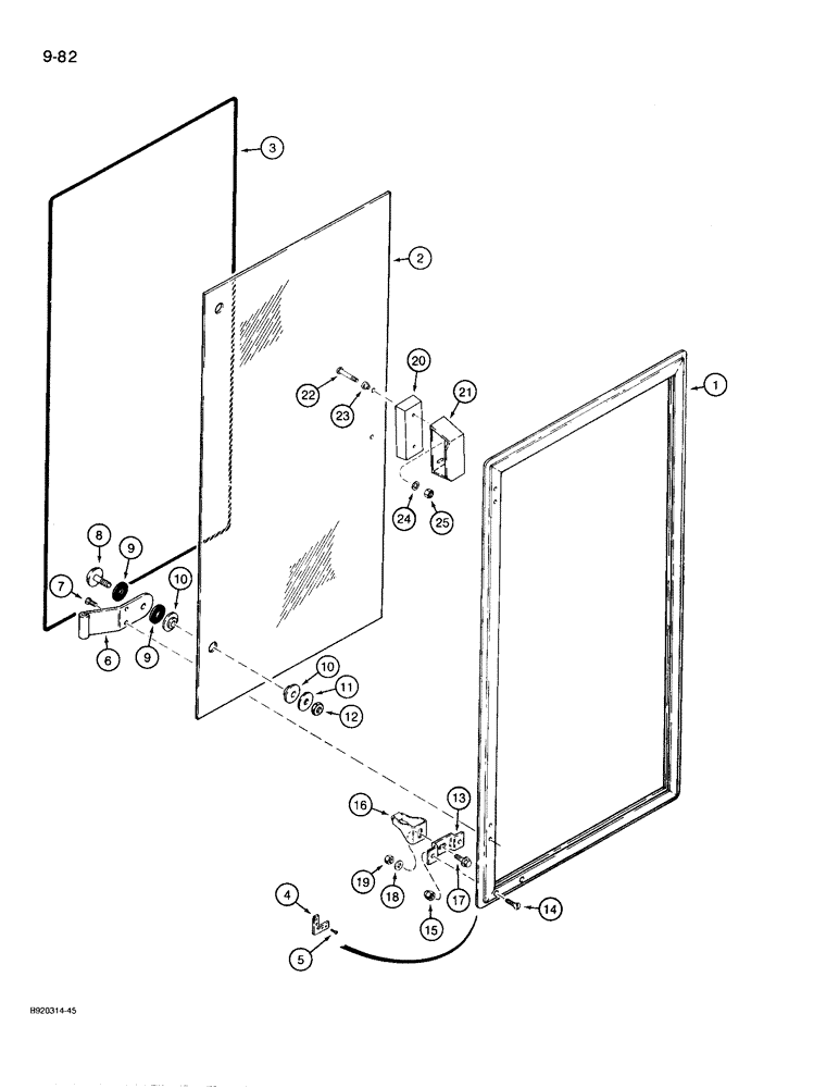 Схема запчастей Case 721 - (9-082) - CAB DOOR WINDOW, CABS WITH PLASTIC LATCH FOR WINDOW (09) - CHASSIS/ATTACHMENTS