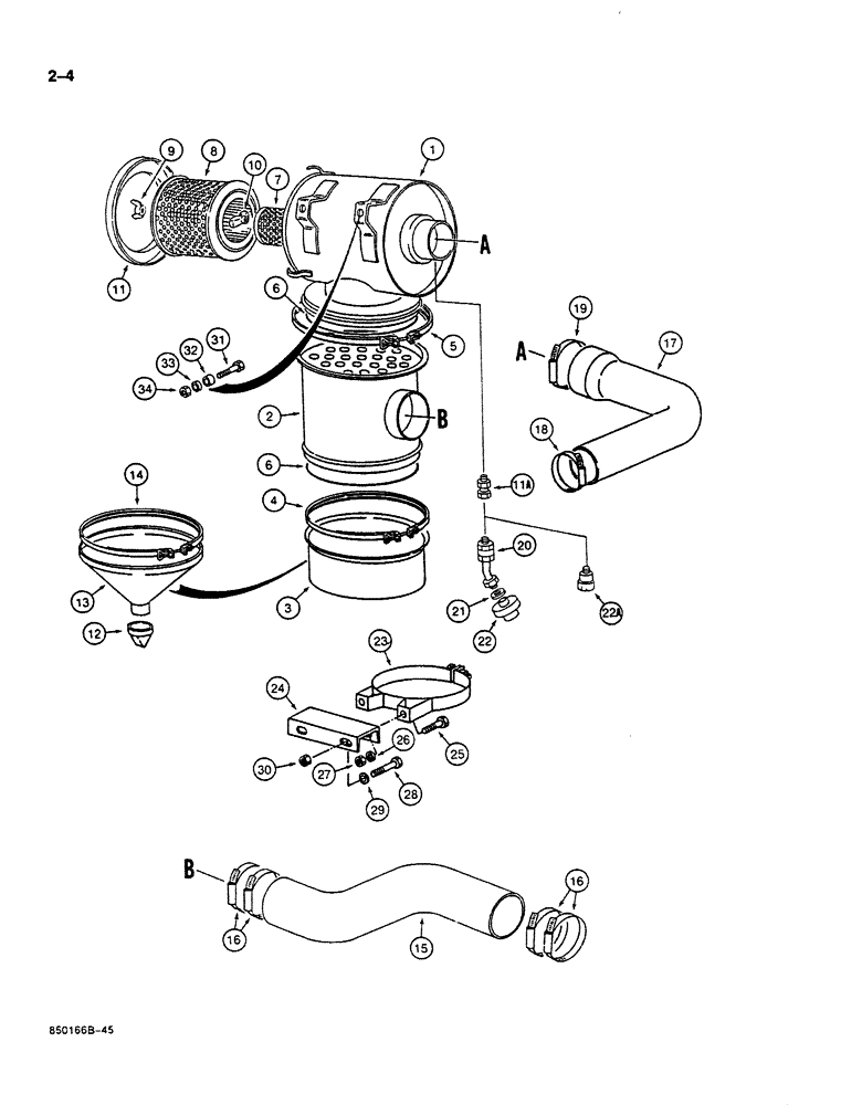 Схема запчастей Case 125B - (2-04) - AIR CLEANER AND AIR INTAKE PARTS, OPTIONAL HEAVY DUTY - USED WITH PRECLEANER (02) - ENGINE