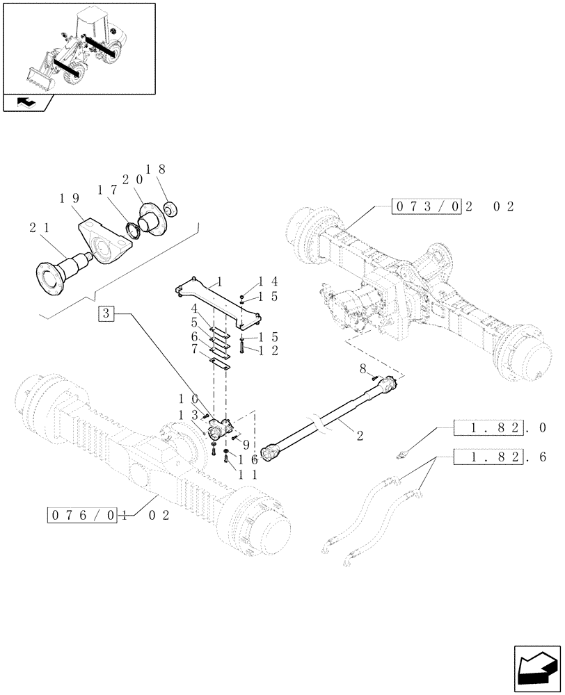 Схема запчастей Case 221E - (073/02[01]) - 20 KM/H REAR SELF-LOCKING AXLE: ARTICULATED SHAFT (05) - REAR AXLE