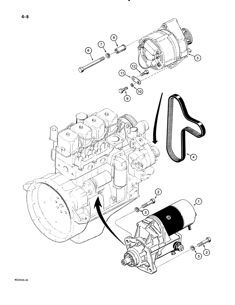 Схема запчастей Case 480E - (4-08) - STARTER AND ALTERNATOR MOUNTING (04) - ELECTRICAL SYSTEMS