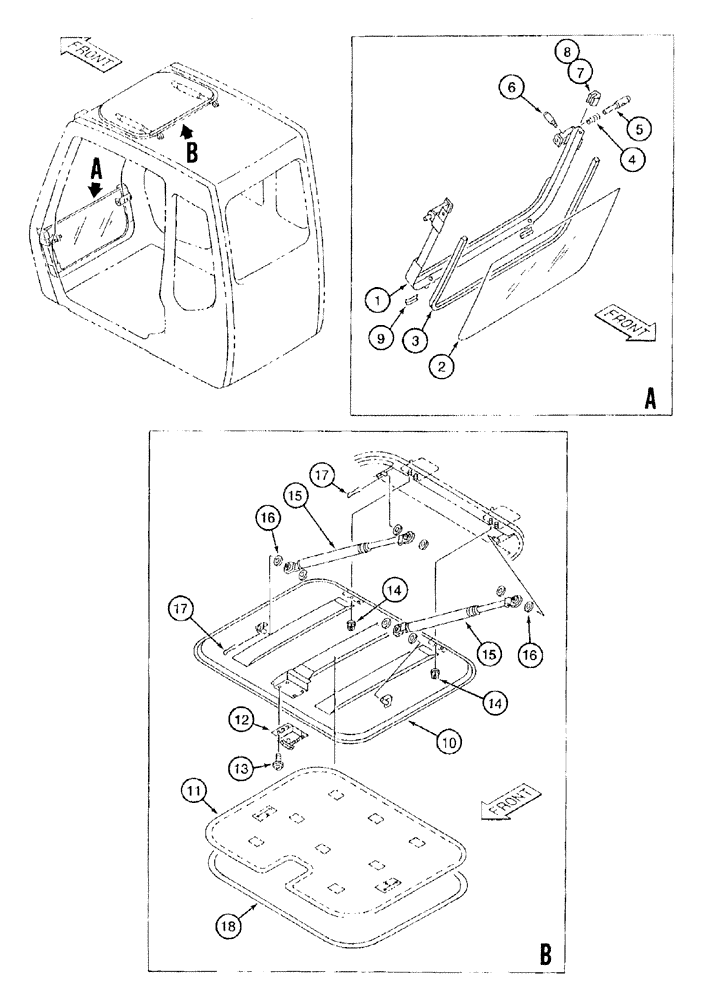 Схема запчастей Case 9050B - (9-088) - CAB LOWER FRONT WINDOW AND ROOF PANEL ASSEMBLY (09) - CHASSIS/ATTACHMENTS