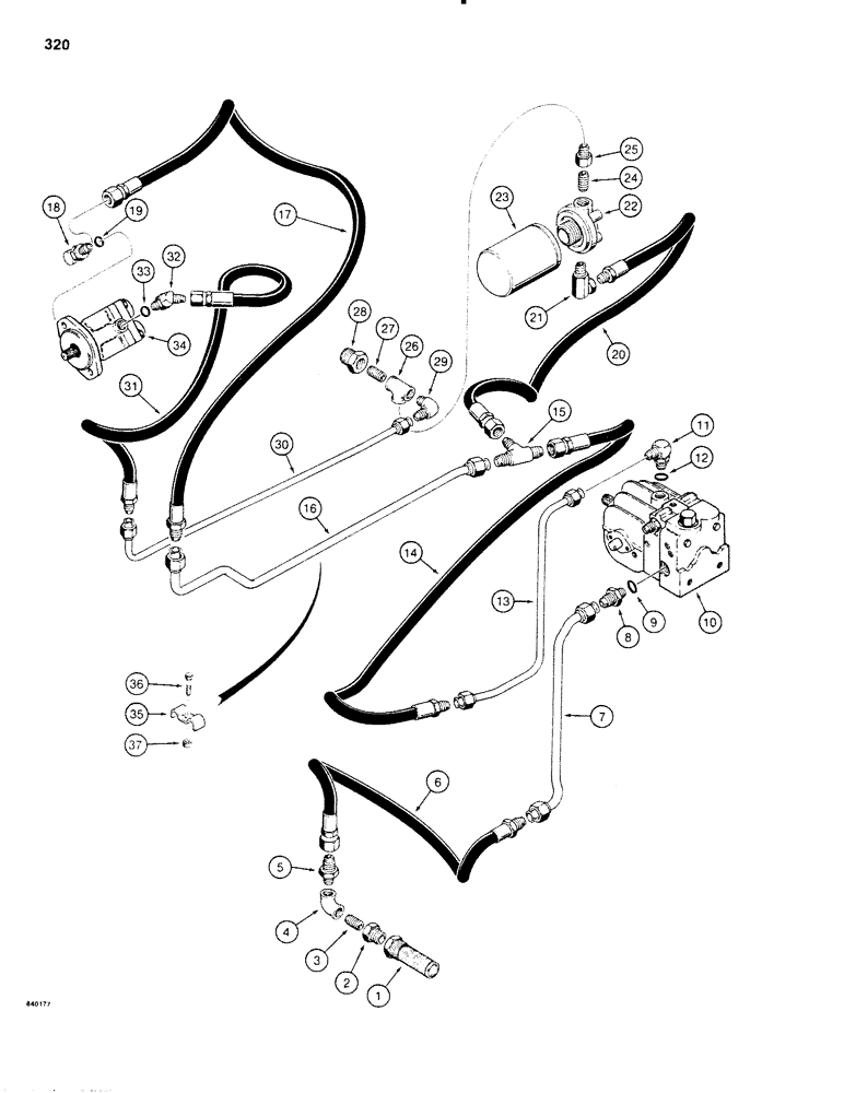 Схема запчастей Case SD100 - (320) - LINE LAYER HYDRAULIC SUCTION AND RETURN CIRCUIT, USED BEFORE 30+4 S/N 4700 AND BEFORE 40+4 S/N 3600 (35) - HYDRAULIC SYSTEMS