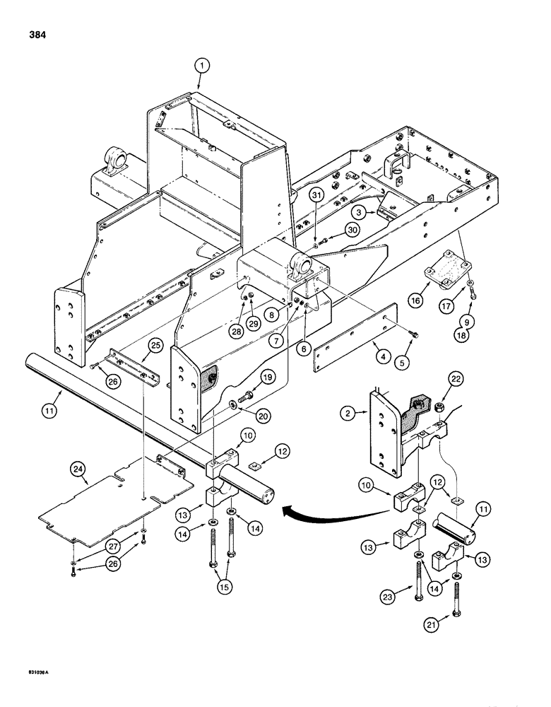 Схема запчастей Case 1150D - (384) - MAIN FRAME, PIVOT SHAFT, AND PULL HOOK, DOZER AND DRAWBAR MODELS (09) - CHASSIS/ATTACHMENTS