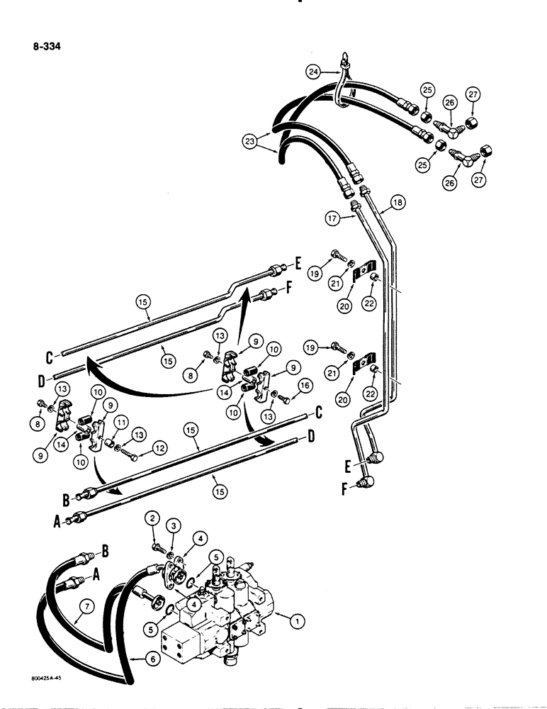 Схема запчастей Case 1455B - (8-334) - DOZER TILT HYDRAULIC CIRCUIT, ALL DOZER MODEL EXCEPT ANGLE TILT PITCH MODELS CONTROL VALVE TO SHROUD (08) - HYDRAULICS