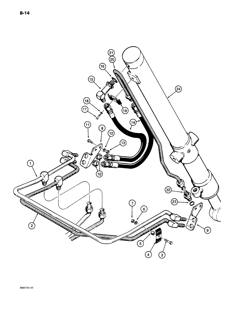 Схема запчастей Case 650 - (8-14) - DOZER LIFT HYDRAULIC CIRCUIT, CROSSOVER TUBES TO CYLINDERS (08) - HYDRAULICS