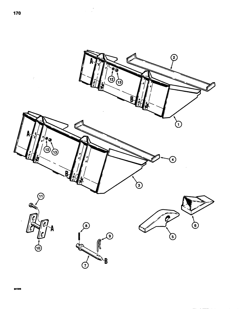 Схема запчастей Case 1835 - (170) - BUCKETS, 6" CUTTING EDGE, DIRT BUCKET, UTILITY BUCKET, BUCKET TEETH, LOADER ATTACHMENT BAR MOUNTING (09) - CHASSIS/ATTACHMENTS