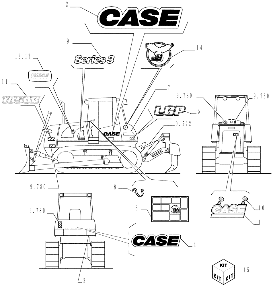 Схема запчастей Case 1850K - (6.782[01B]) - TRADE MARK DECALS- VERSION (03) - LGP Electrical System / Decals