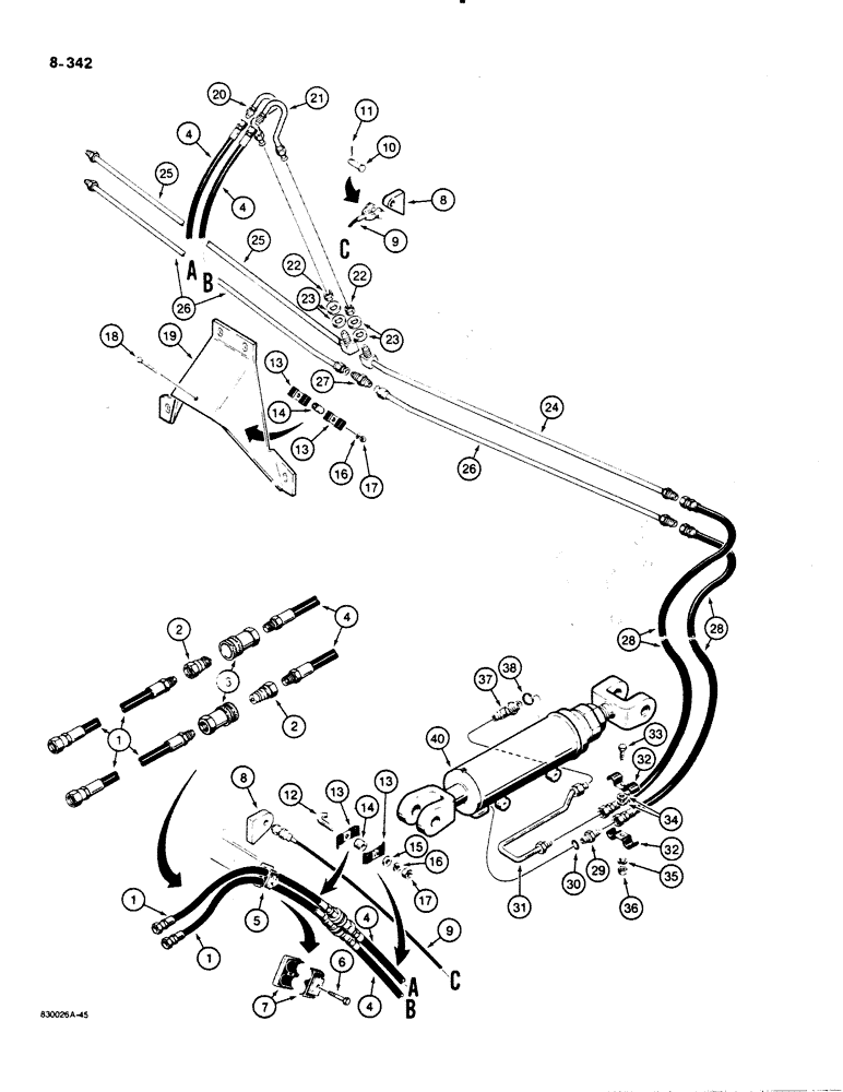 Схема запчастей Case 1455B - (8-342) - OPTIONAL DZER TILT HYD CIRT FOR, MECHANICAL ANGLE DZER MODELS, SHROUD TO CYL, TUBES ON BACK OF BLADE (08) - HYDRAULICS