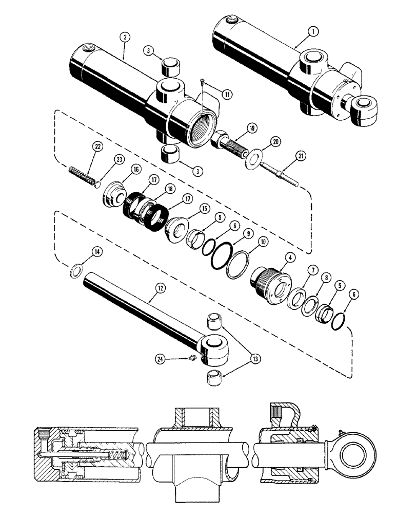 Схема запчастей Case 33 - (292) - D59006 & D49007 SWING CYL,4"DIA CYL W/11"STROKE W/SPLIT TYPE INNER & OUTER WIPERS W/O GLAND ID RING 