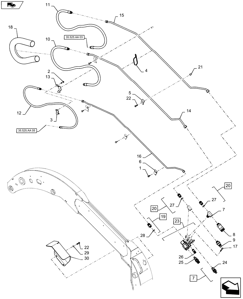 Схема запчастей Case SV250 - (35.525.AA[04]) - AUXILIARY BOOM ARM PLUMBING, HIGH FLOW (35) - HYDRAULIC SYSTEMS