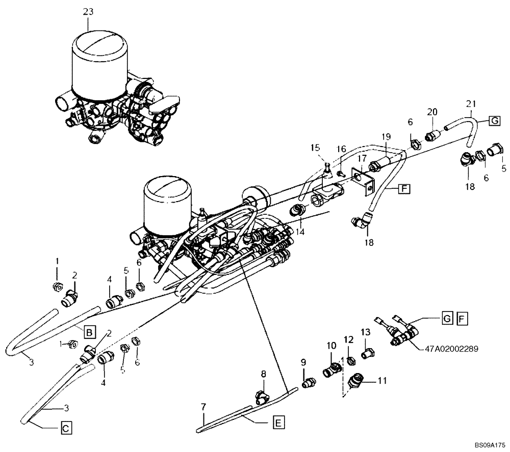 Схема запчастей Case 330B - (47A00002289[001]) - BRAKE SYSTEM OIL CIRCUIT INSTAL (P.I.N. HHD0330BN7PG57000 AND AFTER) (84185251) (09) - Implement / Hydraulics / Frame / Brakes