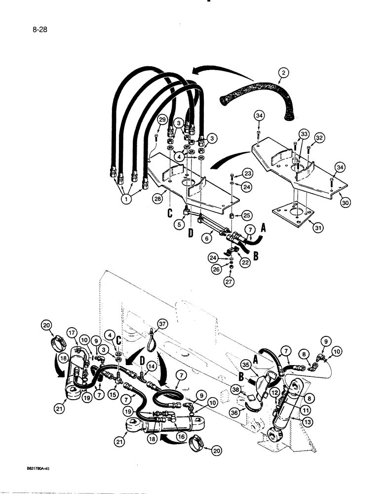 Схема запчастей Case 450C - (8-28) - DOZER TILT AND ANGLE HYDRAULIC CIRCUITS, ON BACK OF BLADE (08) - HYDRAULICS