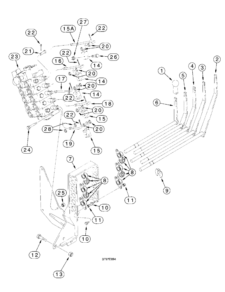 Схема запчастей Case 580L - (9-056) - THREE-POINT HITCH CONTROLS, (3RD LEVER, REF 4, IS TILT; 4TH LEVER, REF 3 IS PITCH), 570LXT MODELS (09) - CHASSIS/ATTACHMENTS