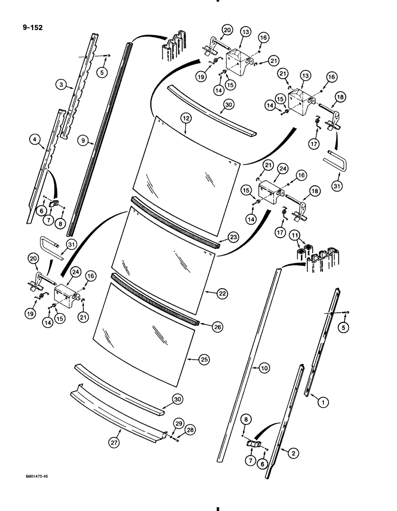 Схема запчастей Case 580K - (9-152) - CAB REAR WINDOW (09) - CHASSIS/ATTACHMENTS