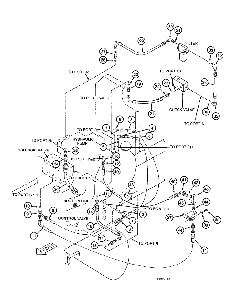 Схема запчастей Case 9040B - (8-052) - HYDRAULIC PUMP AND FILTER PILOT LINES, FOR MODELS WITH LONG REACH (08) - HYDRAULICS