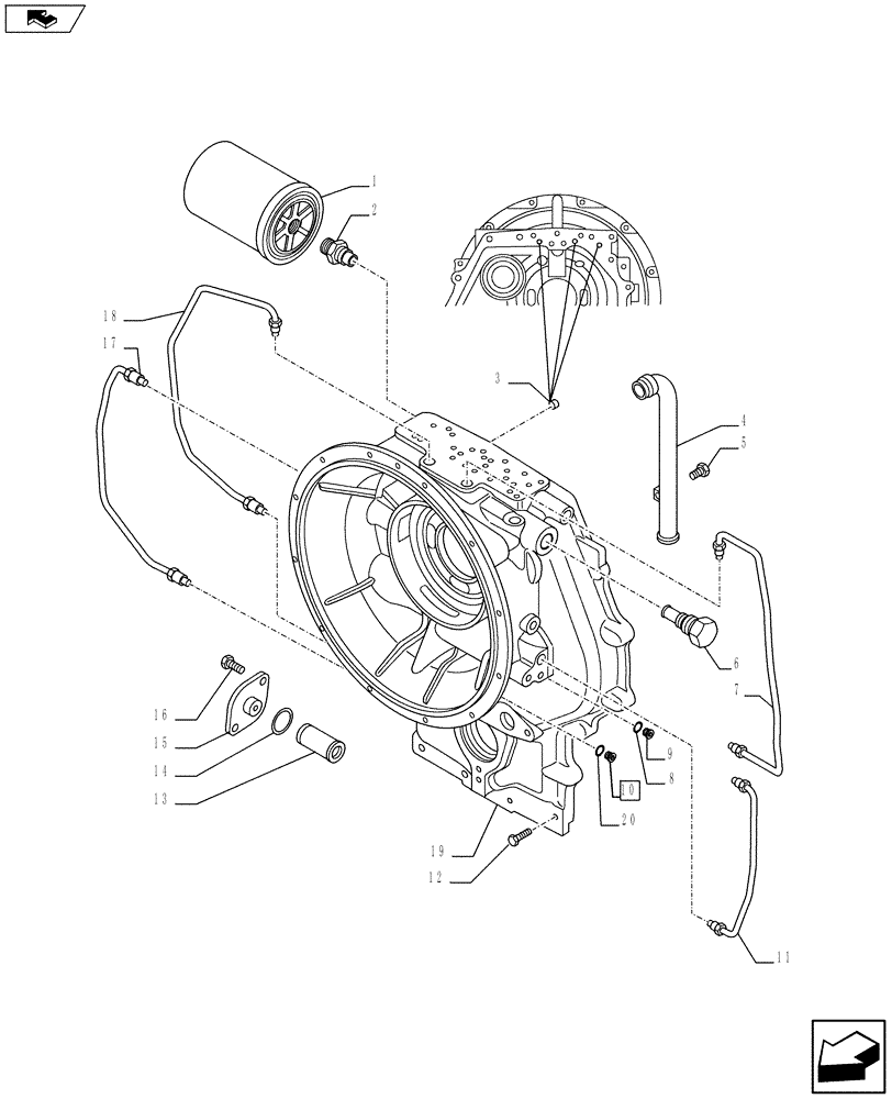 Схема запчастей Case 580SN WT - (21.113.0402[01]) - VAR - 423062 - POWERSHIFT H-TYPE 4WD - HOUSING &FILTER OIL (21) - TRANSMISSION