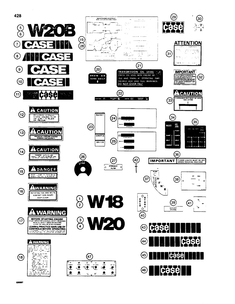 Схема запчастей Case W20 - (428) - DECALS (09) - CHASSIS/ATTACHMENTS